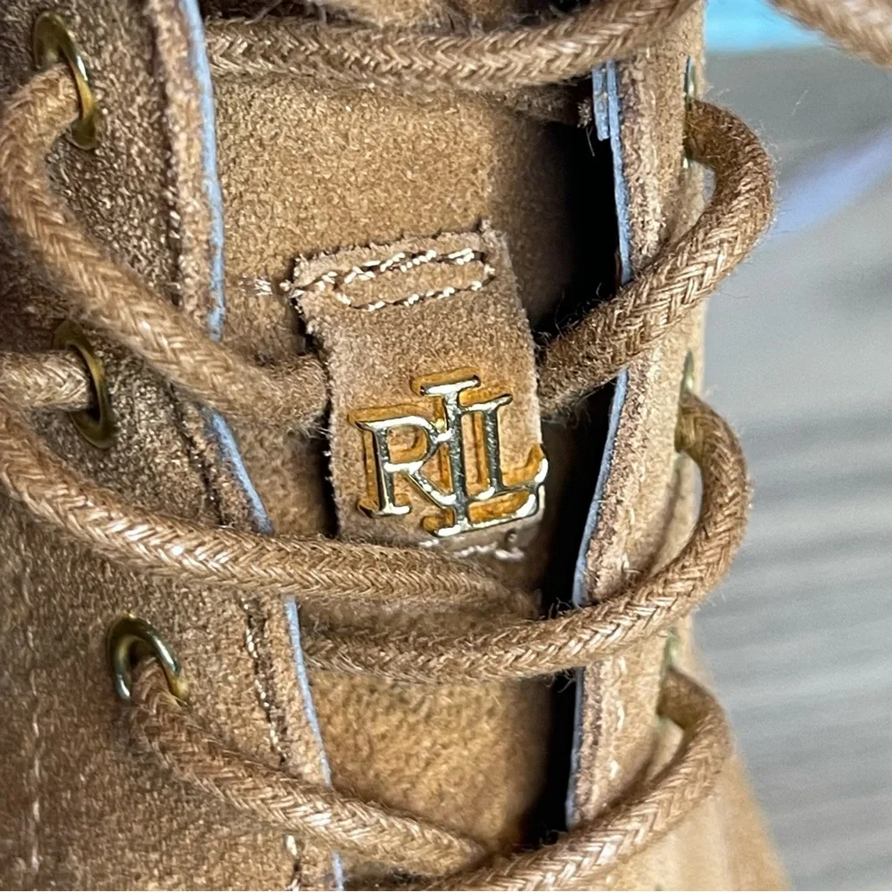 Lauren Ralph Lauren Carlee suede tan combat lace-up 
boots fauxshearling 8.5 New - Picture 11 of 12
